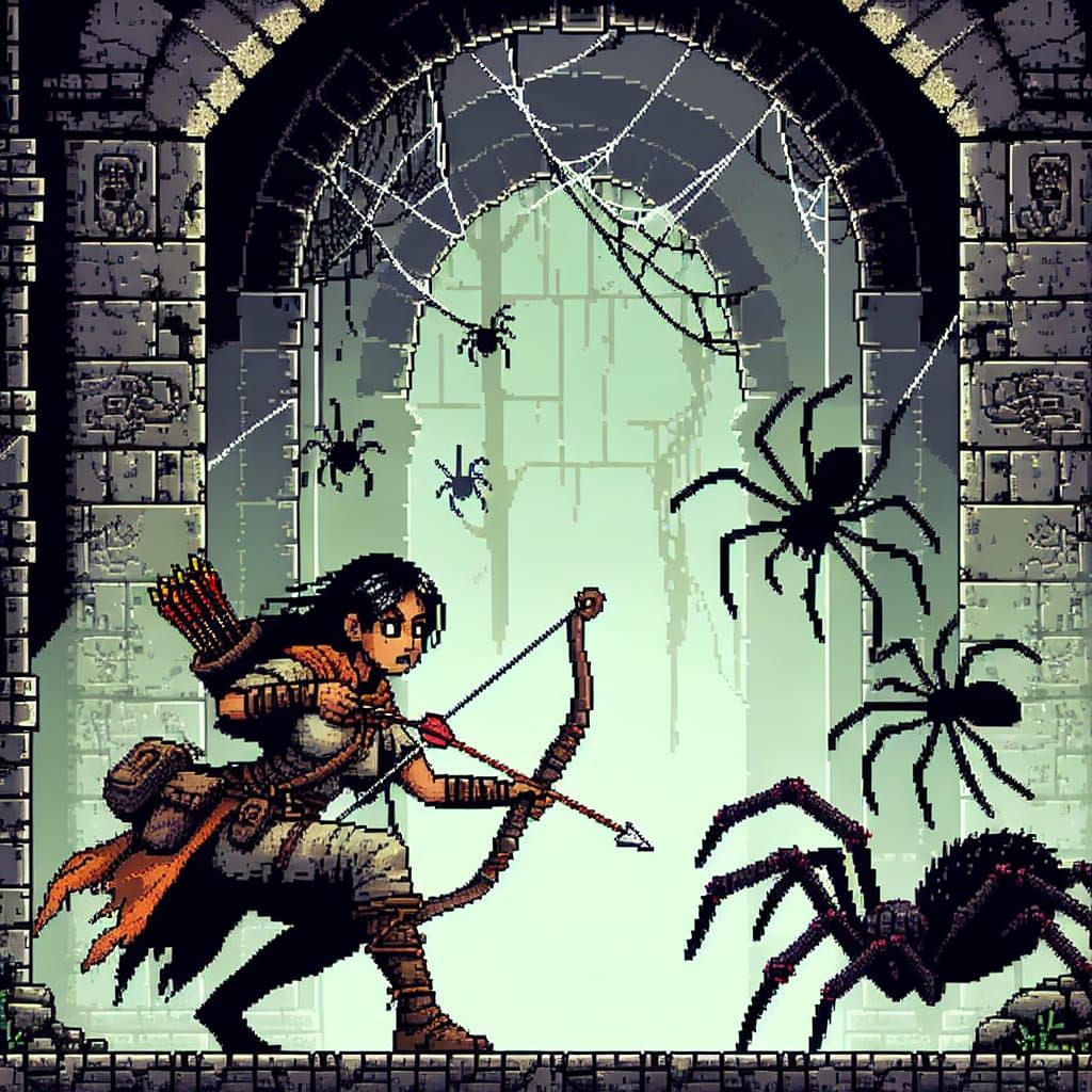 Eine Jägerin im Pixel-Art-Stil, die in einer verlassenen, vo...