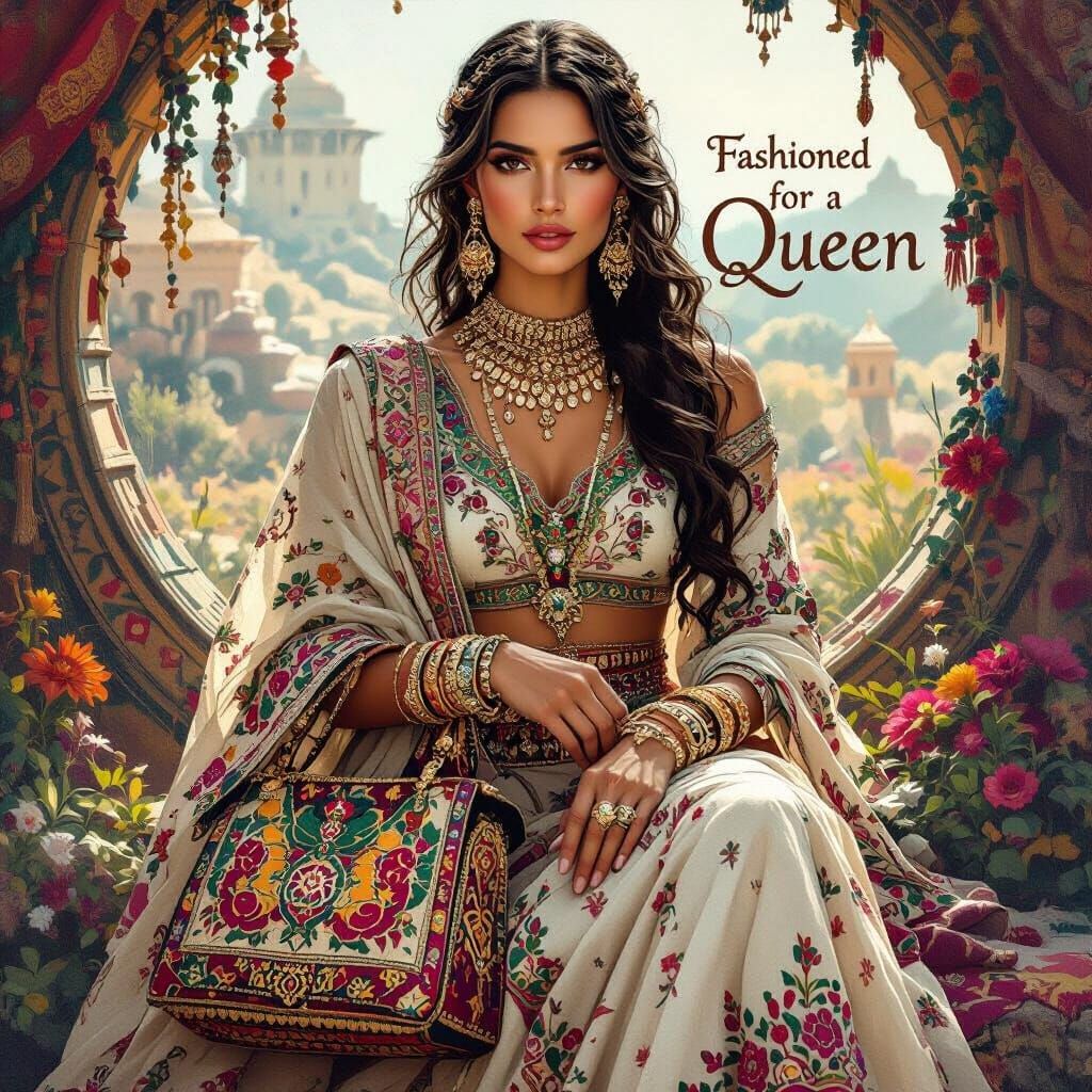 Regal Woman in Embroidered Clothing with Bag