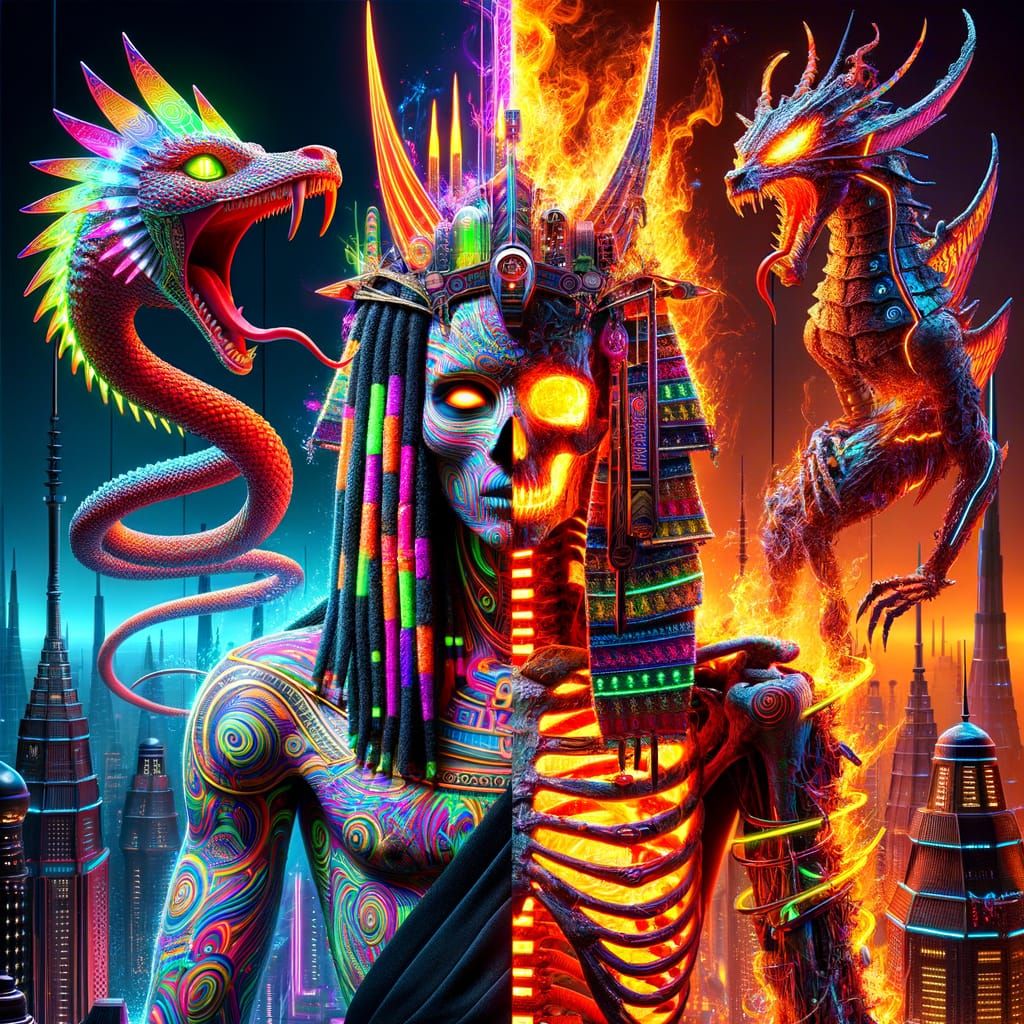 Cyberpunk Anubis Confronts Skeletal Dragon