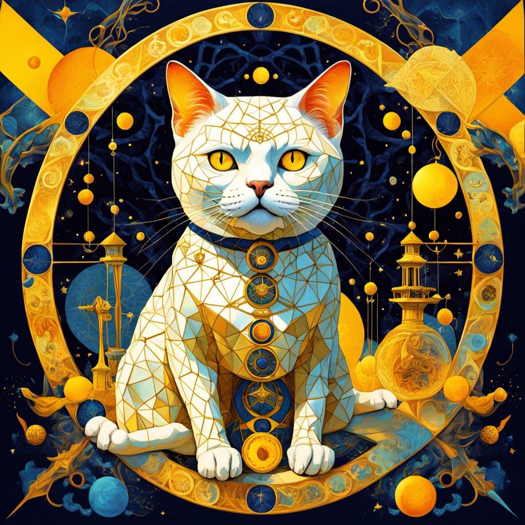 Surreal White Cat in Starry Night Blue with Golden Octagons ...