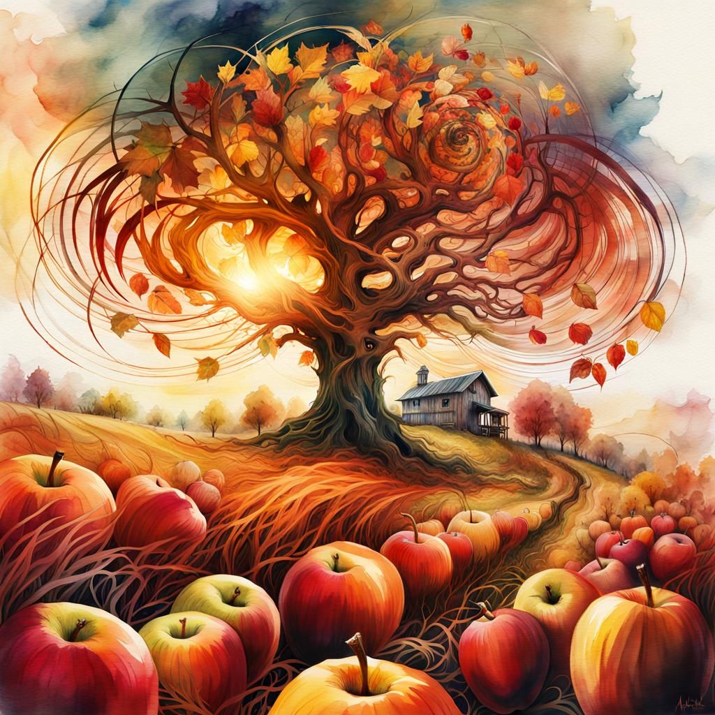 Surreal Autumn Watercolor Landscape with Apple Harvest