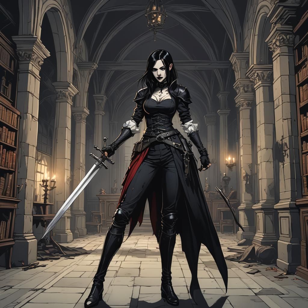 Elegant Vampire Warrior in a Dark Mansion