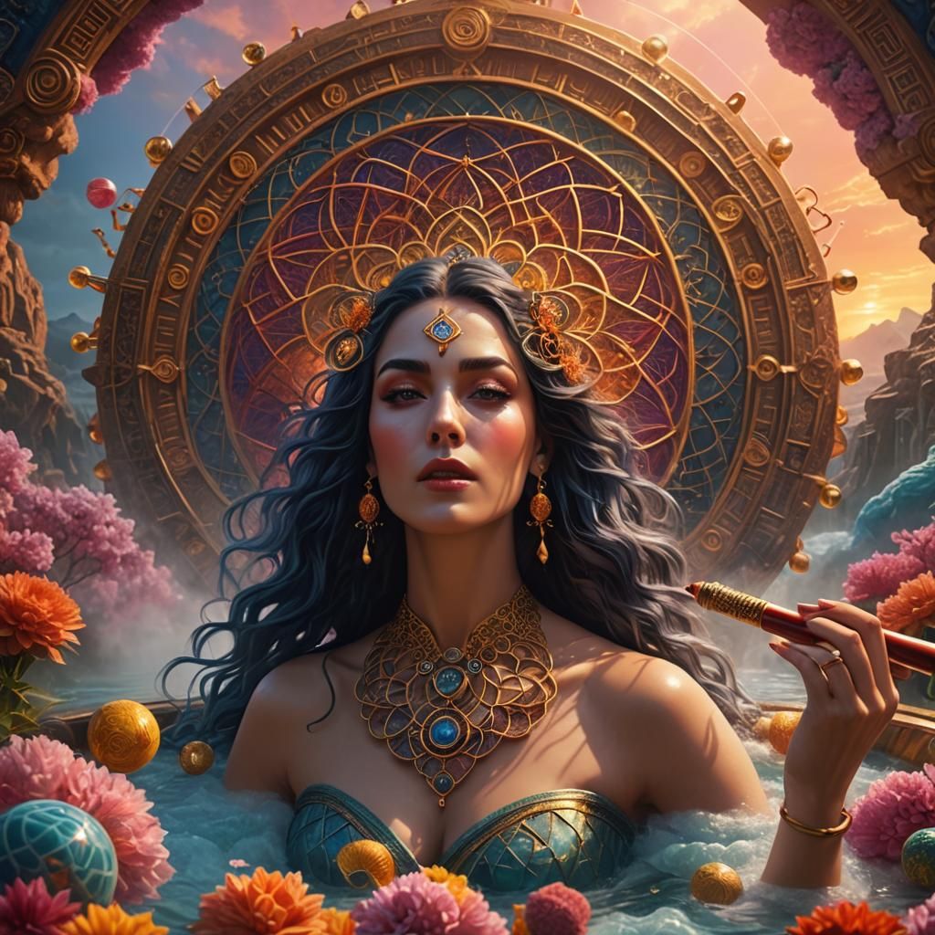 Sacred Geometry Goddesss in Vivid Sunrise Bath Scene