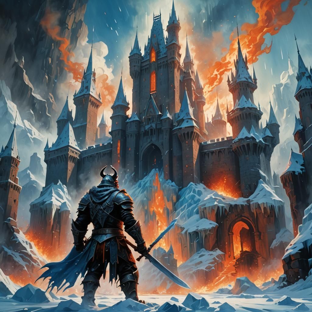 Frozen Warrior in Flames: Epic Fantasy Scene