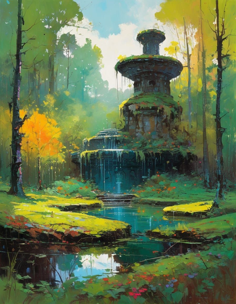 Ruined Fountain in Enchanted Forest, Oil Painting