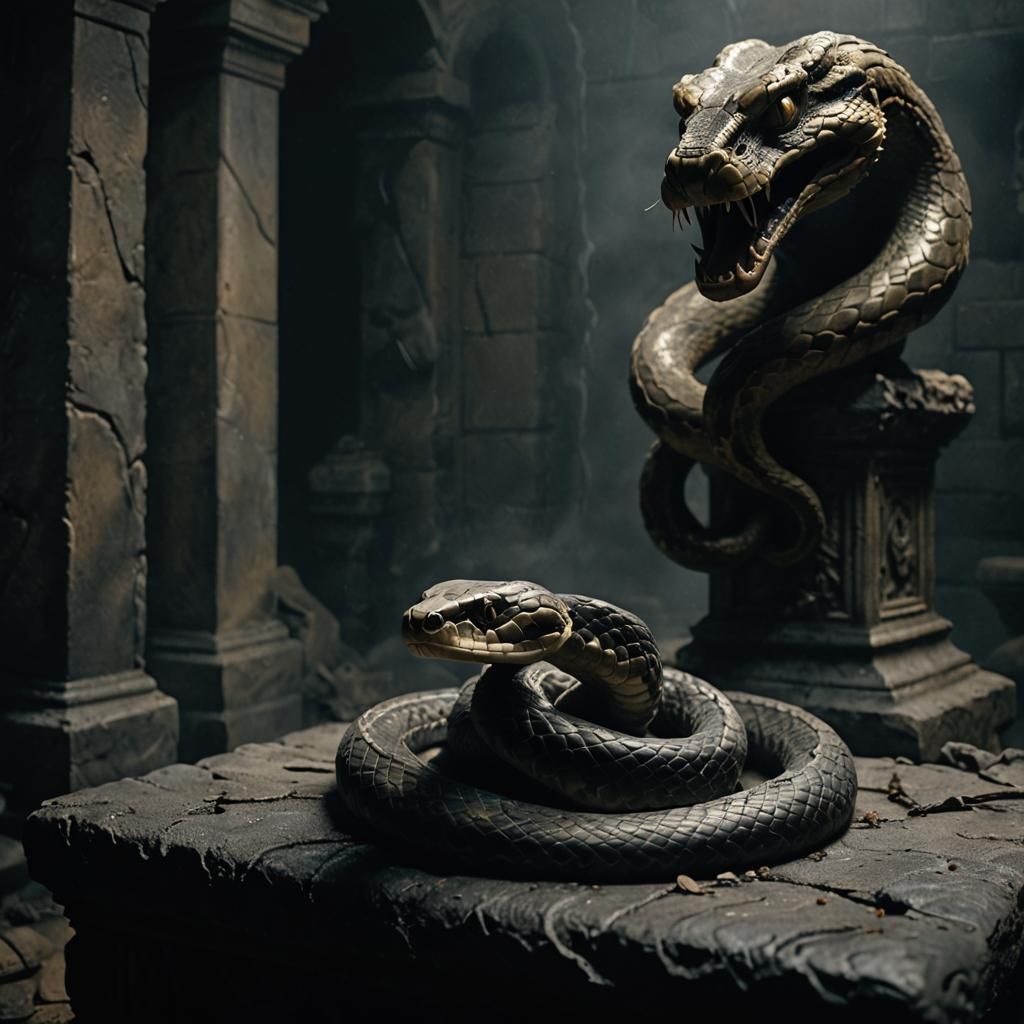 Dark Fantasy Cinematic Horror with Snake and Ruined Pedestal