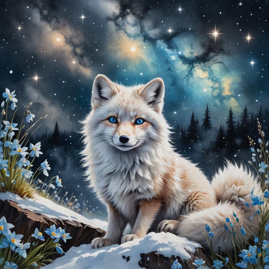 Enchanted Arctic Fox Under Starry Night Sky