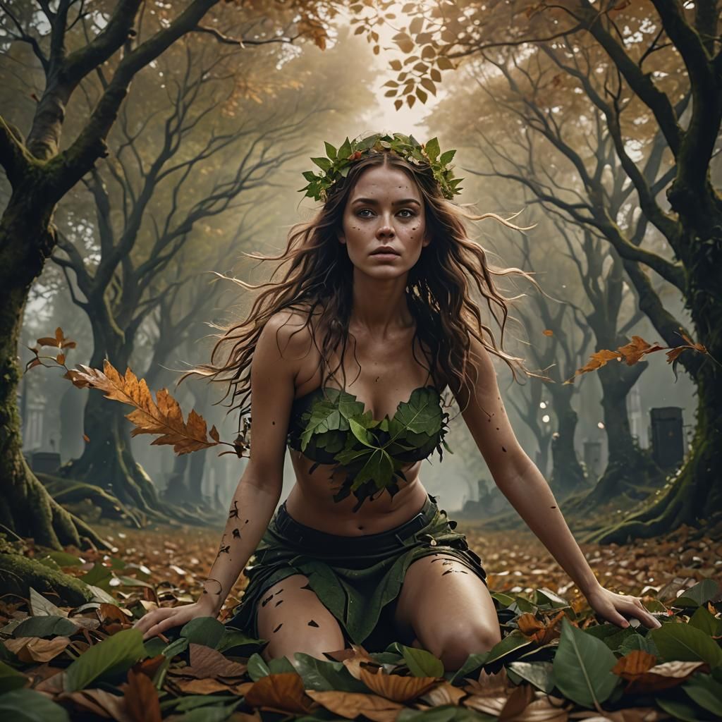 Nude Woman Covered in Leaves: Digital Matte Painting