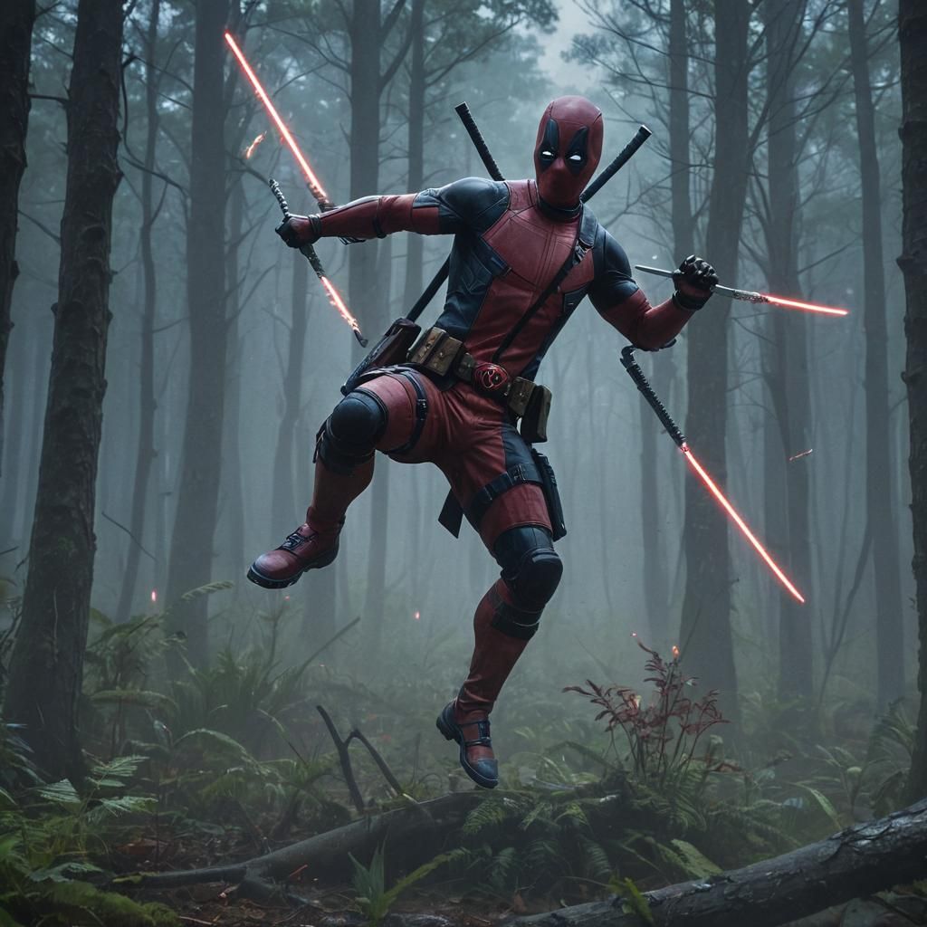 Epic Fantasy Clash: Deadpool vs Darth Vader in a Stormy Fore...