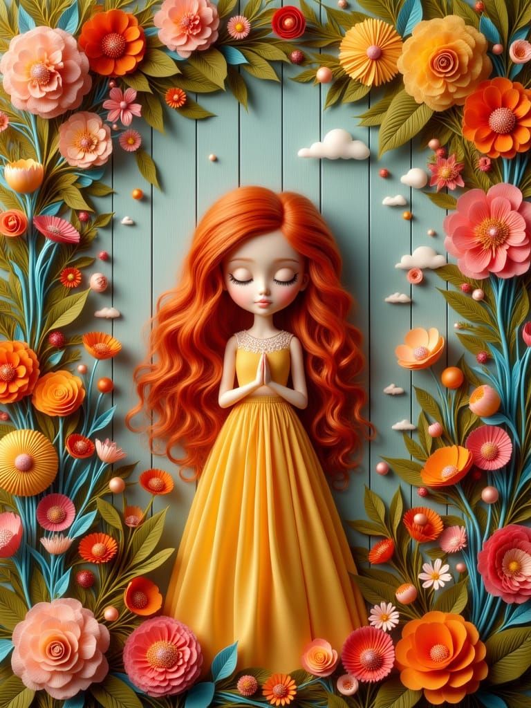 Girl in Vibrant Floral Backdrop with Whimsical Textures