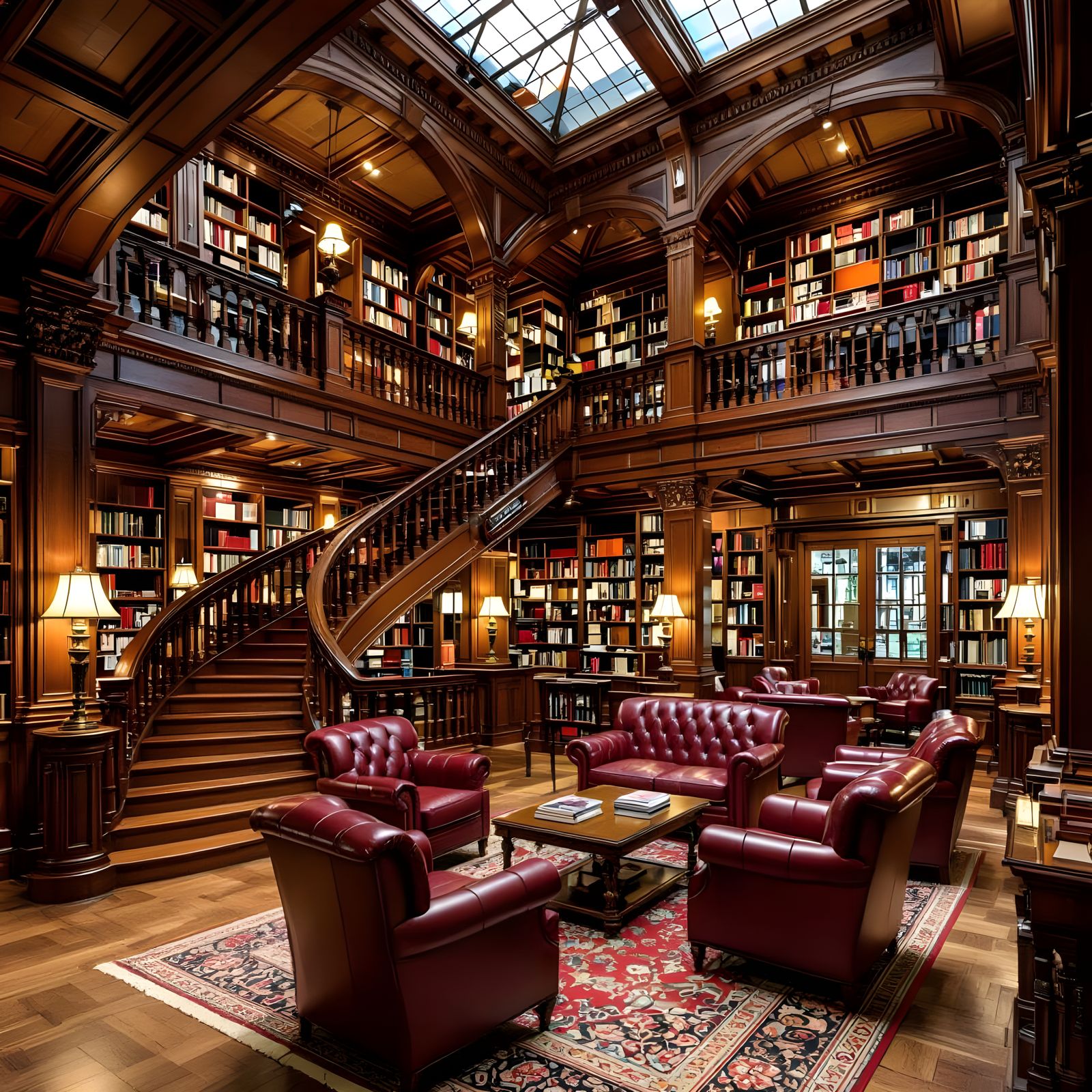Grand Library with Winding Staircase and Leather Chairs