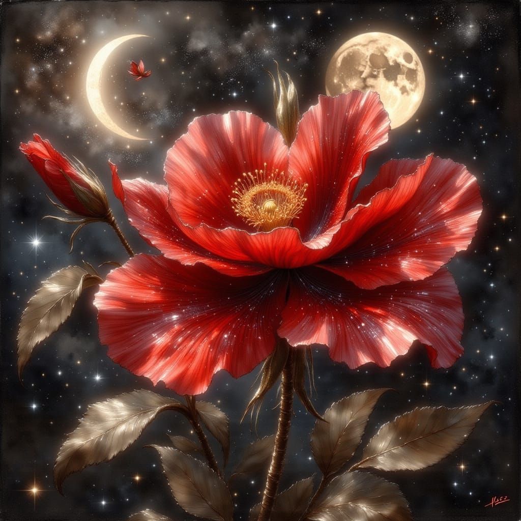Woman Dancing on Red Flower with Crystal Moon