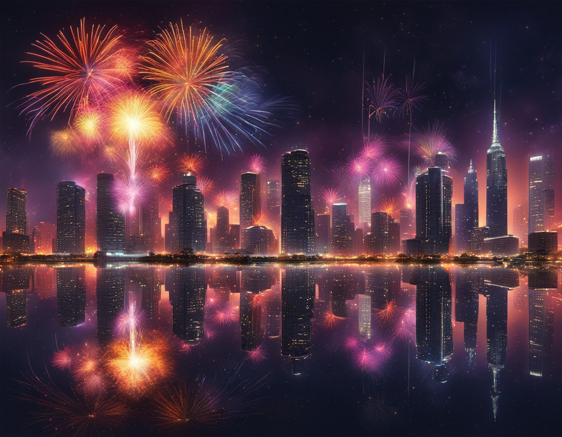 Cinematic Fireworks Display Over City Skyscrapers