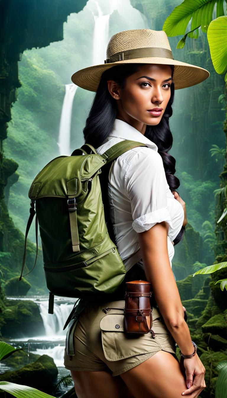 Exotic Jungle Explorer in Ancient Temple Ruins