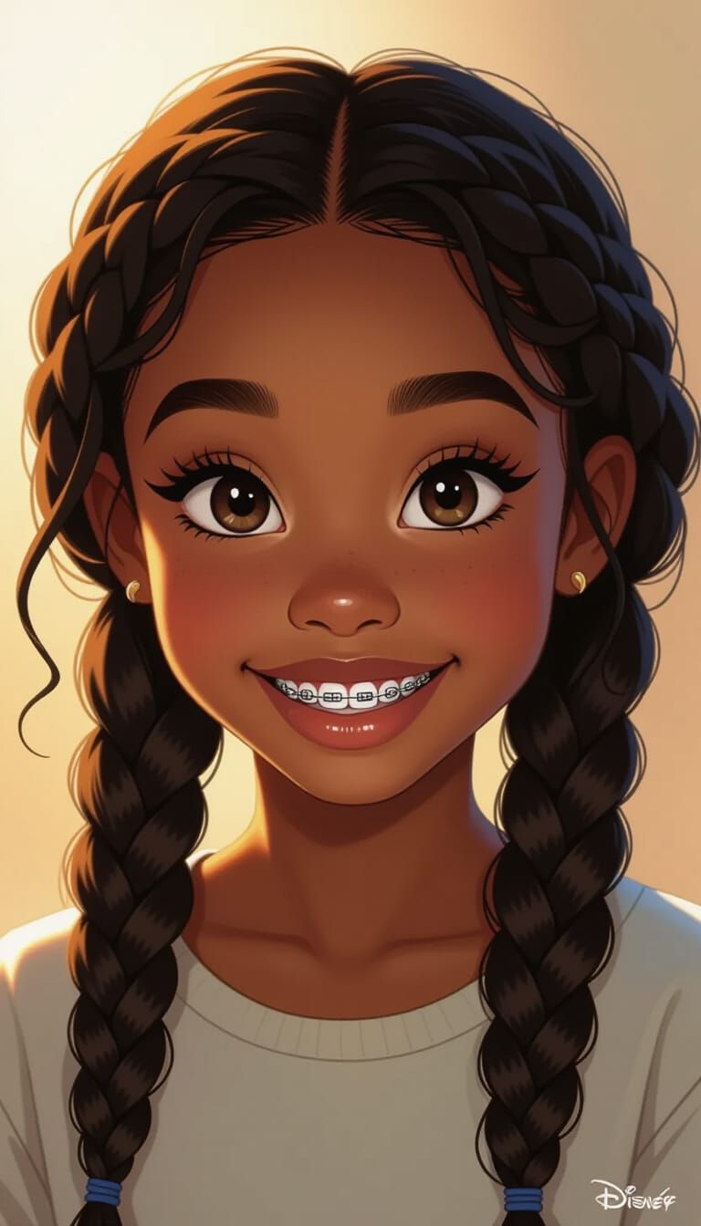 Young Black Girl Portrait with Braids and Braces