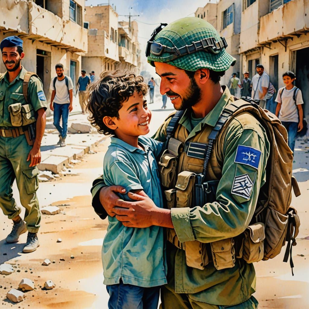 Child Befriends Soldier: Watercolor Illustration