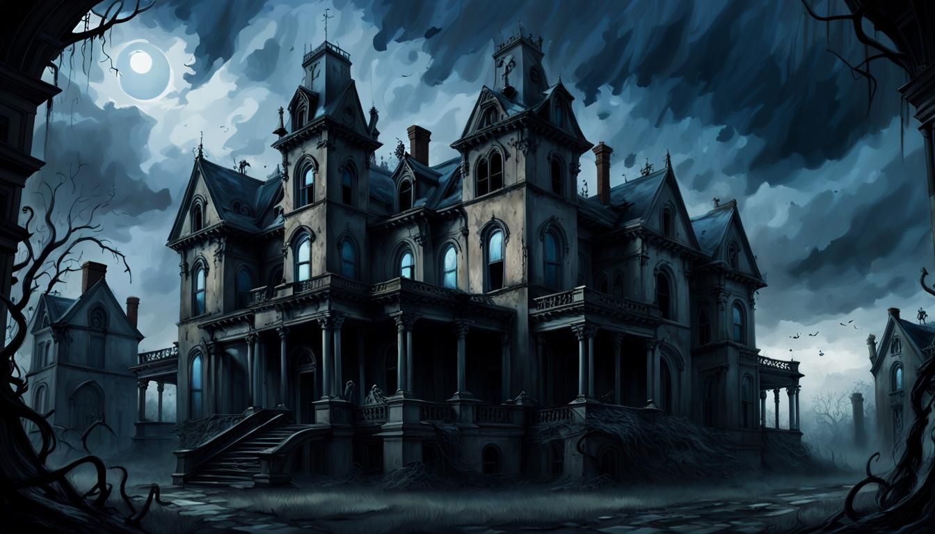 Abandoned Gothic Mansion Under Stormy Skies in a Haunting Oi...