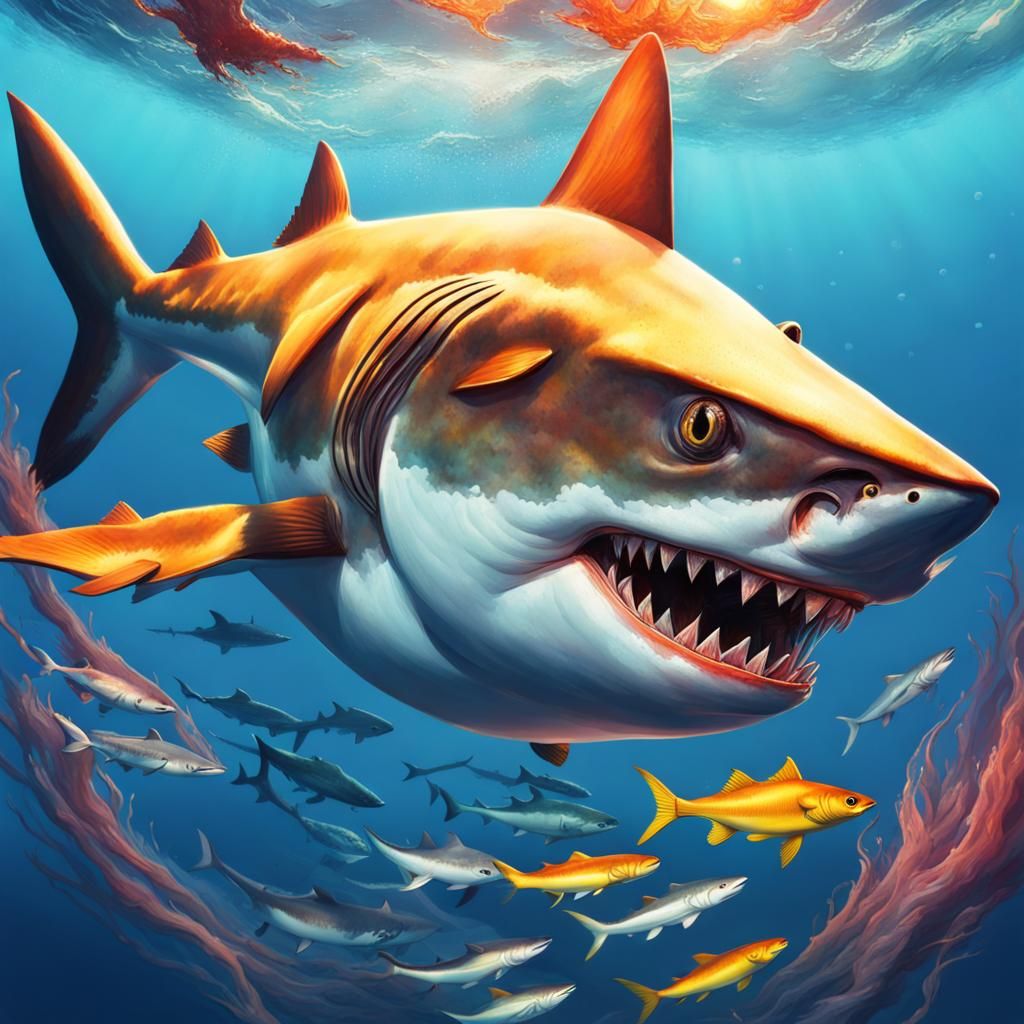 Fish Riding a Shark in Hyperrealistic Splash Art