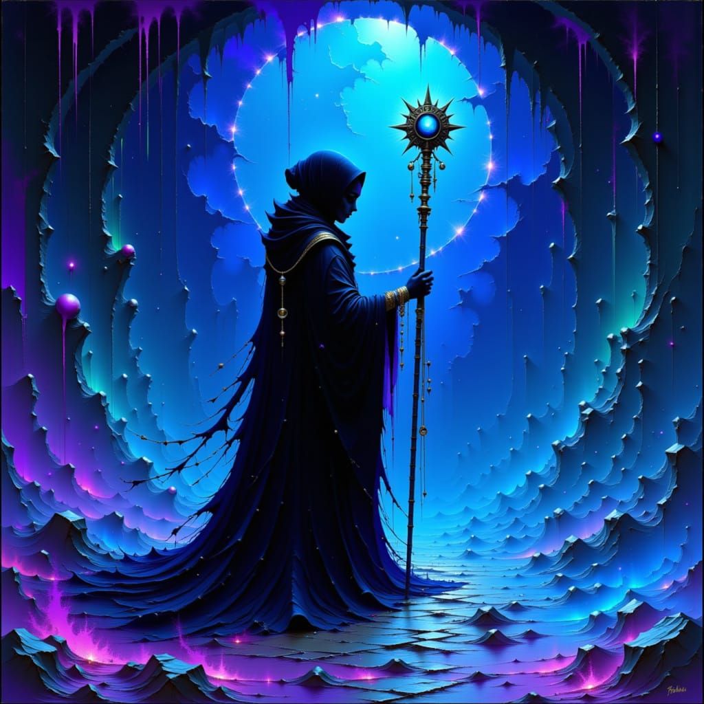 Mystical Figure at Reality's Edge in Neon Mysticism Style