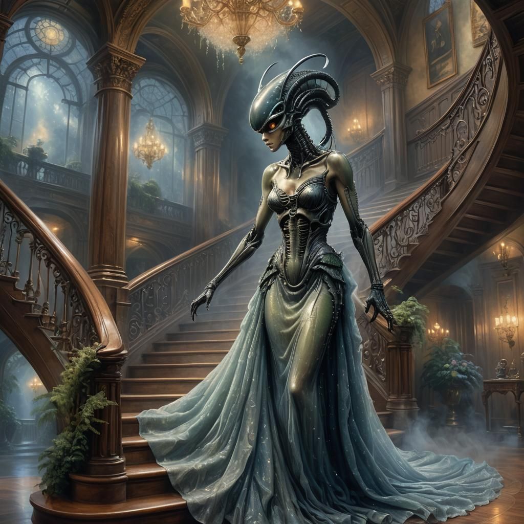 Surreal Xenomorph Goddess Descends Grand Oak Staircase in Ev...
