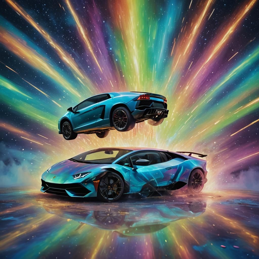 Surreal Oil Painting of Lamborghini Amidst Vibrant Aurora Bo...