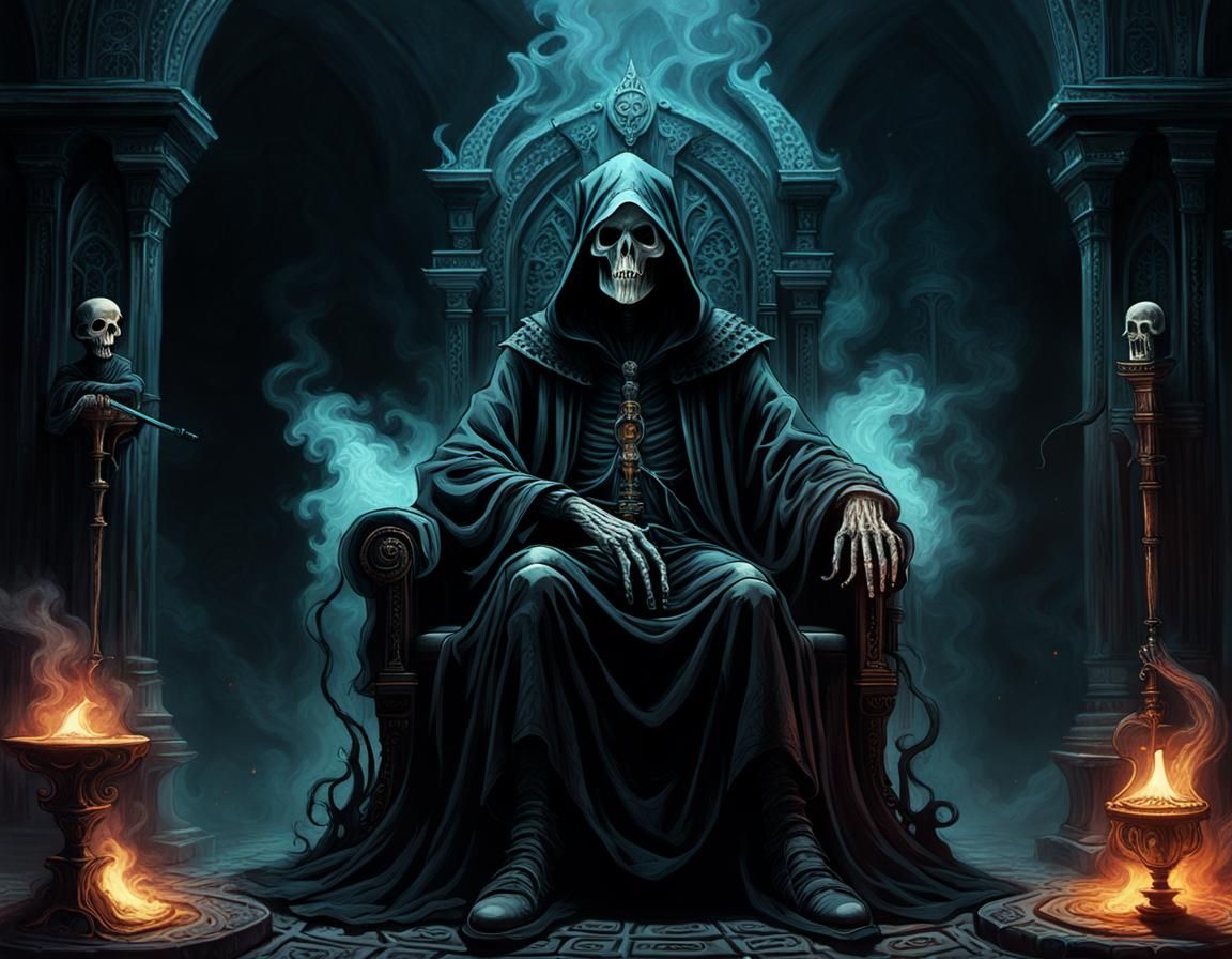 Grim Reaper Smoking Bong in Ornate Chamber