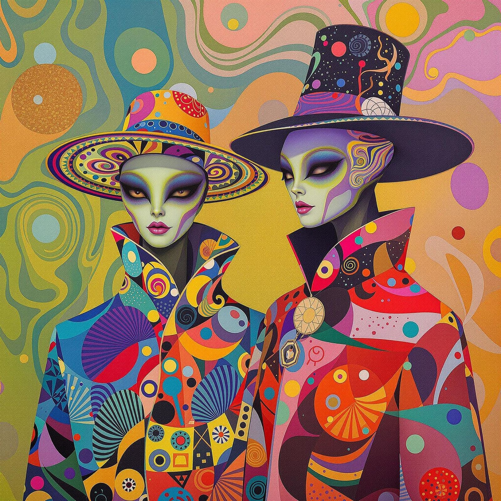 Psychedelic Alien Travelers in Pop Art Style