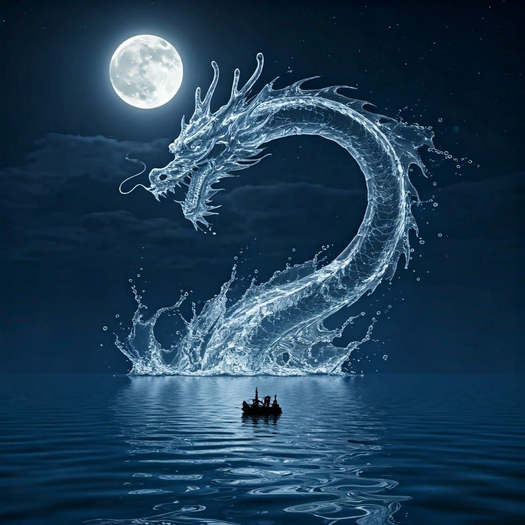 Serenity Unfolds: A Majestic Water Dragon Soars Above a Nigh...