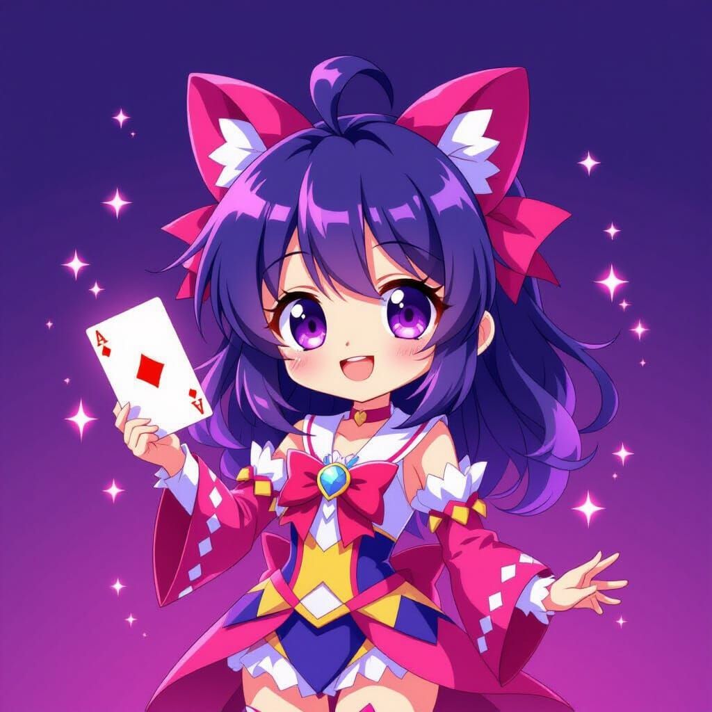 Chibi Anime Magician Tossing Diamond Card