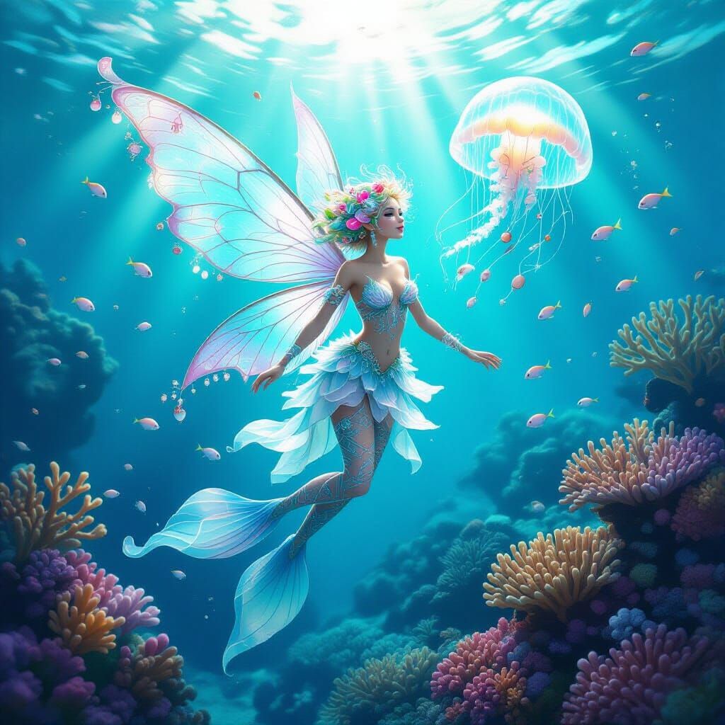 Ethereal Coral Reef Fairy with Jellyfish Wings