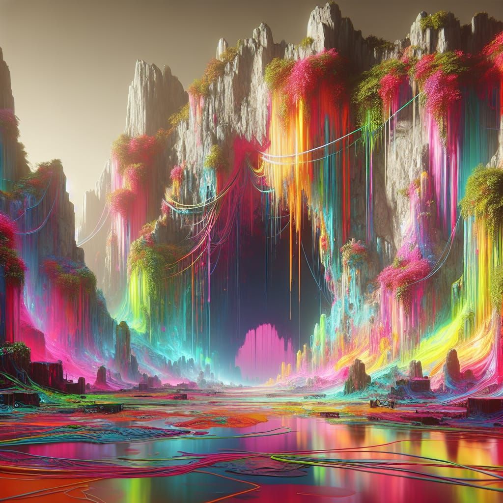 Vibrant Neon Landscape with Graffiti and Street Art