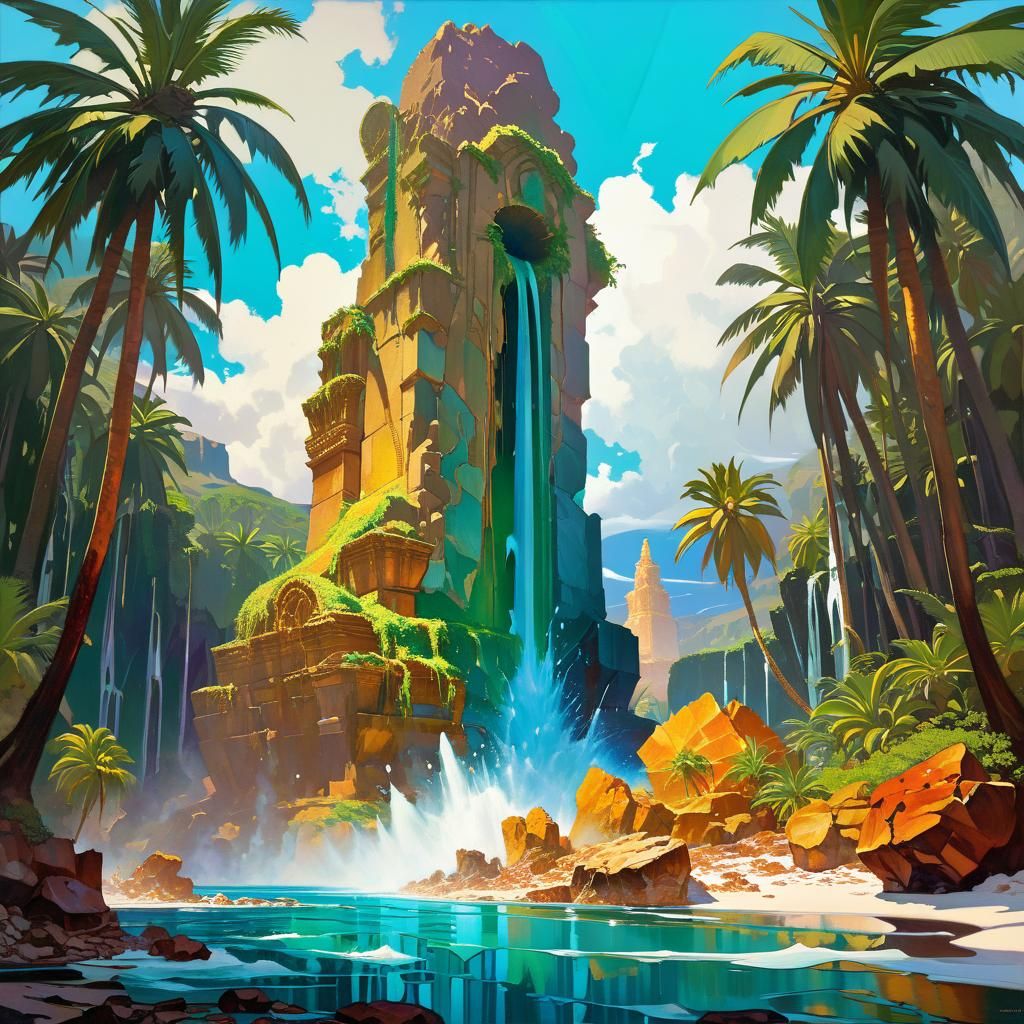 Surreal Tropical Island Scene in Impasto Style