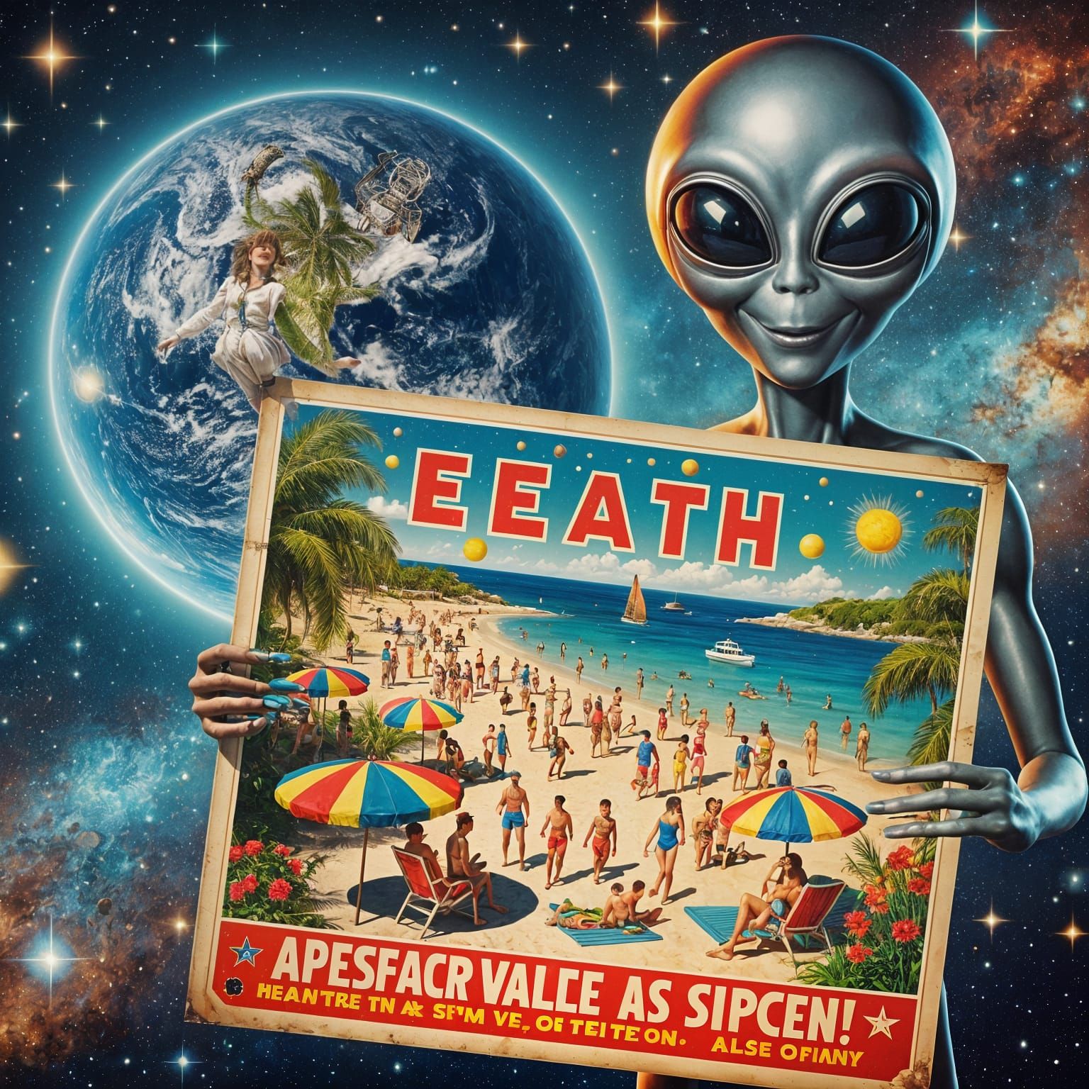 Friendly Alien Promotes Vibrant Beach Scene in Retro Style P...