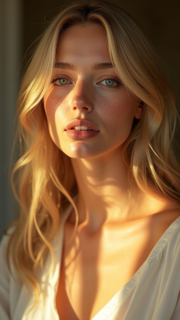 Hyperrealistic Blonde Woman in Soft Ambient Light