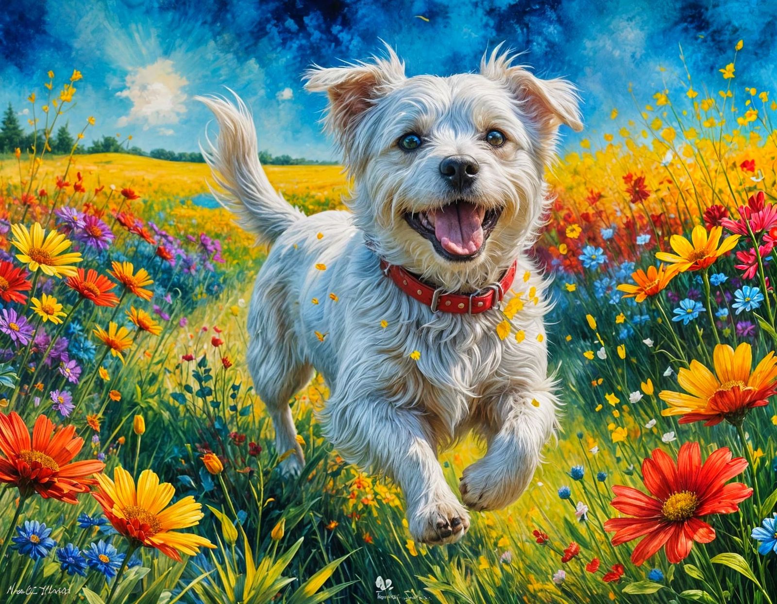 A joyful white dog with a red collar bounds through a vibrant field of flowers, surrounded by bright yellow and red bloo...