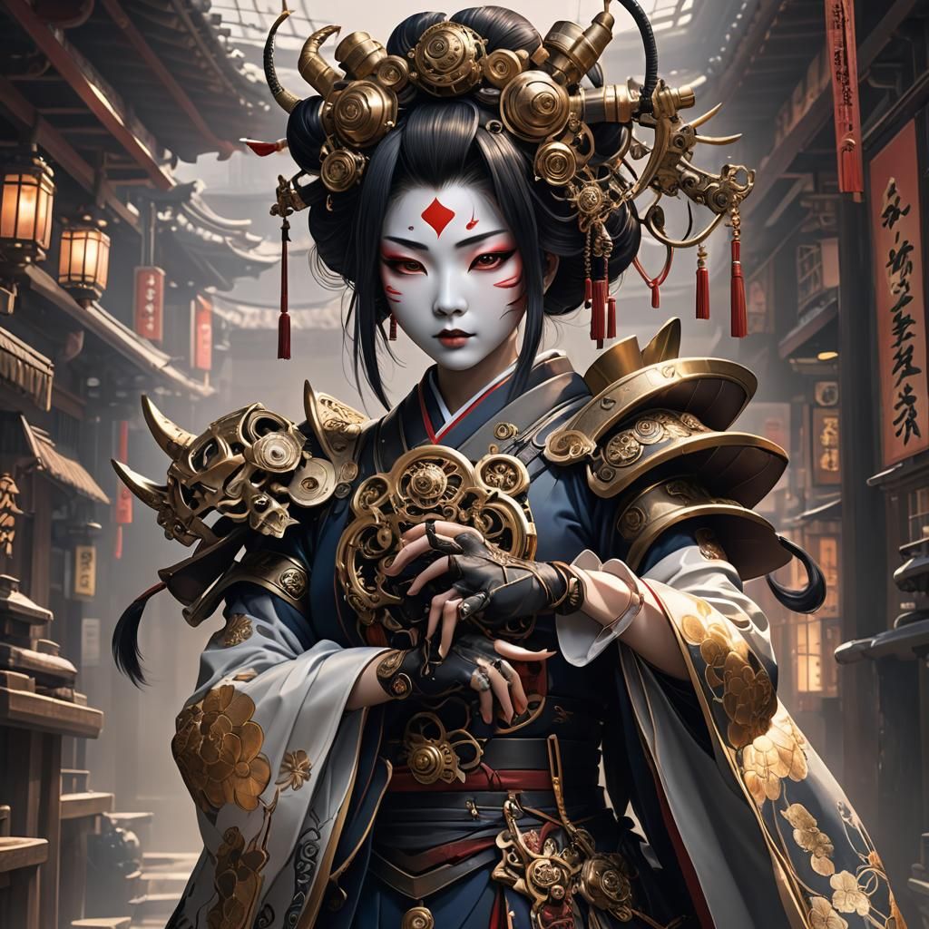 Ethereal Geisha in Haunted Steampunk Splendor