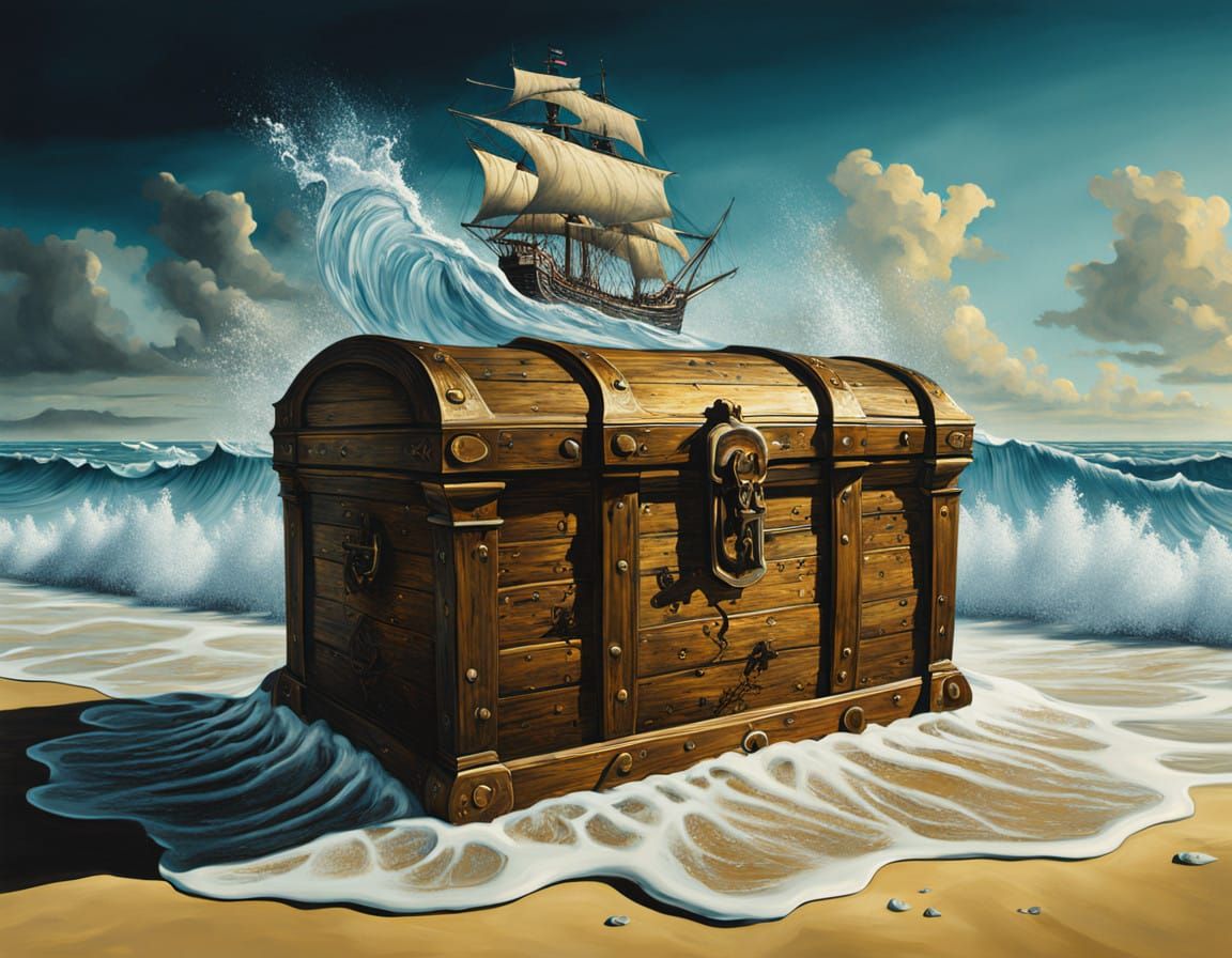 Treasure Chest Reveals Pirate Ship in Turbulent Seas