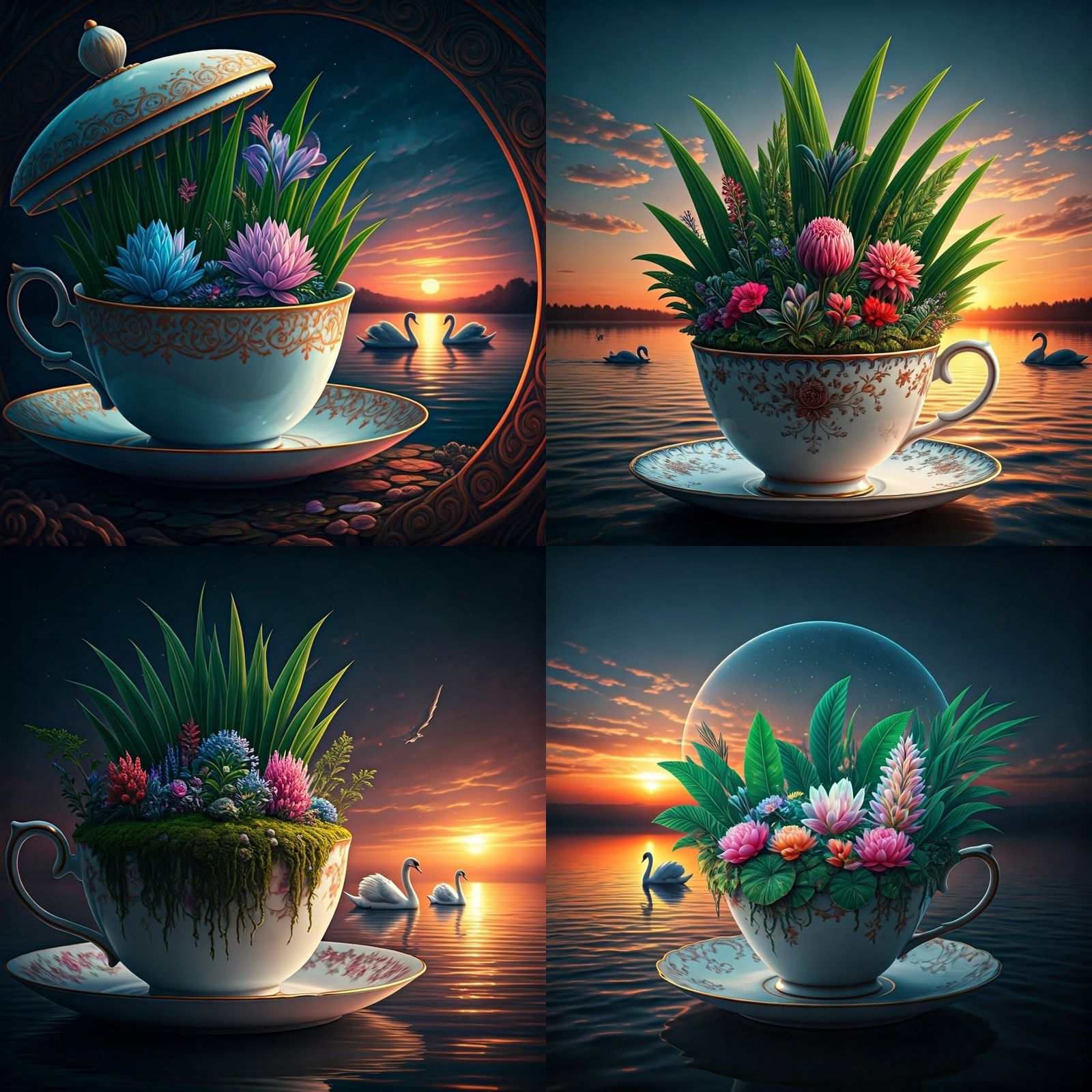 Surreal Miniature Garden on a Teacup, with Vibrant Flowers a...