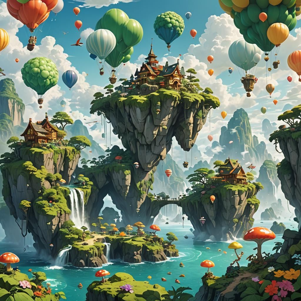 Floating Island Paradise in Vibrant Fantasy Landscape