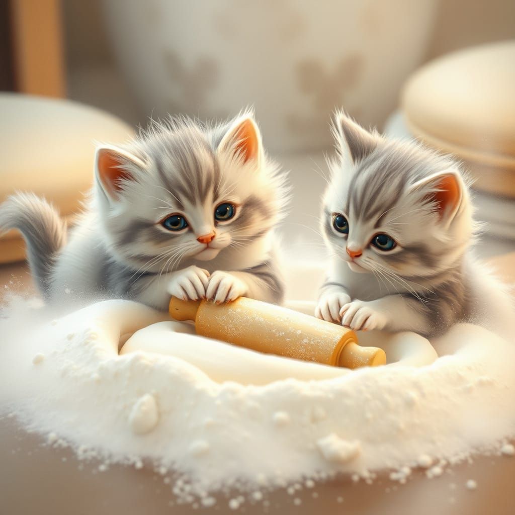 Kittens Playfully Knead Dough in a Whimsical Bakery