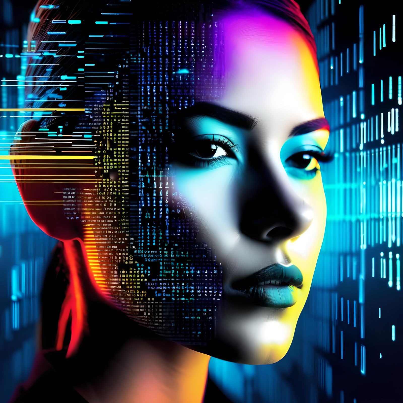 Digital Goddess in Neon Binary Code