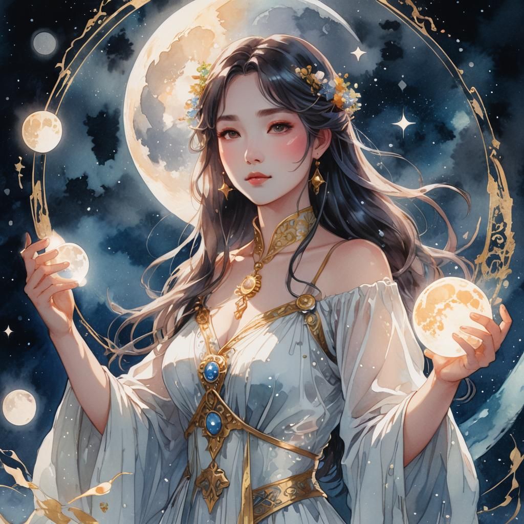 Mystical Woman in Ethereal Gown, Holding Glowing Moon Tarot...