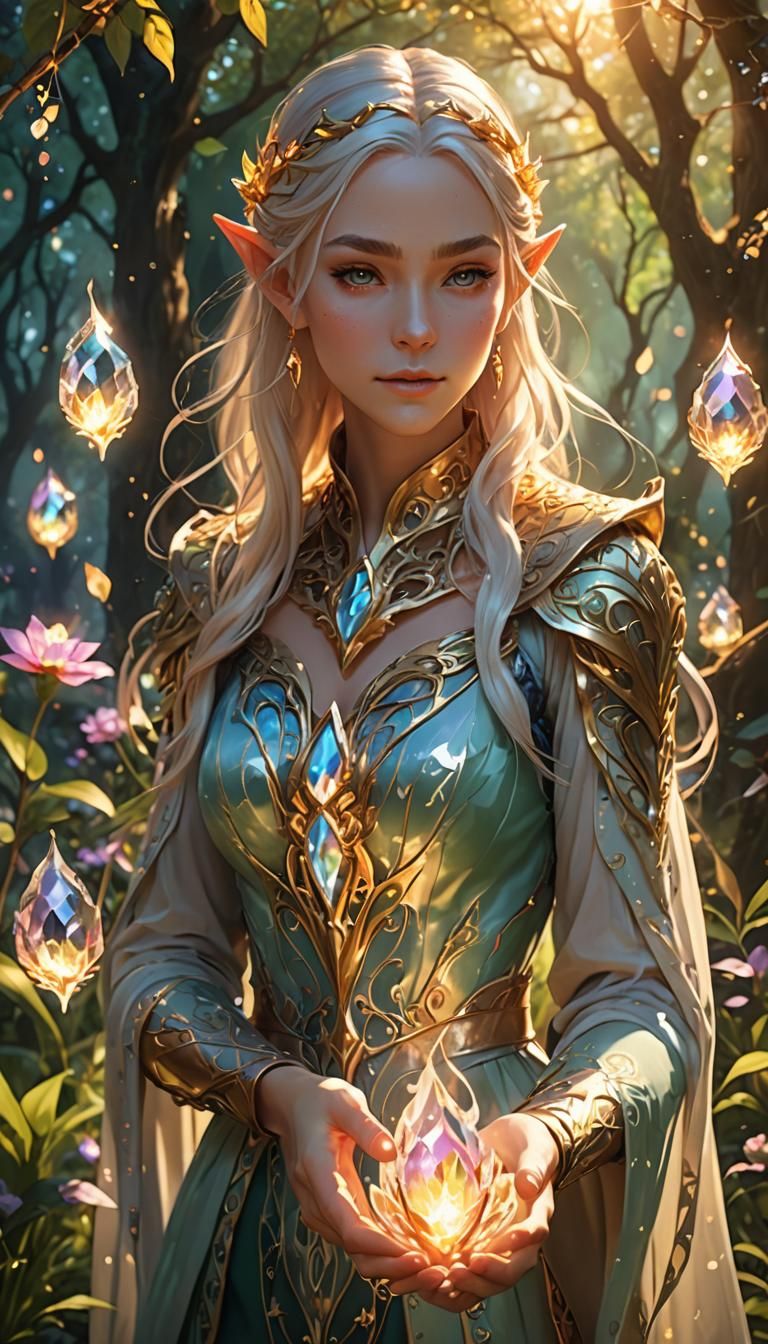 Elven Enchantress Tends Crystal Flames in Whimsical Garden