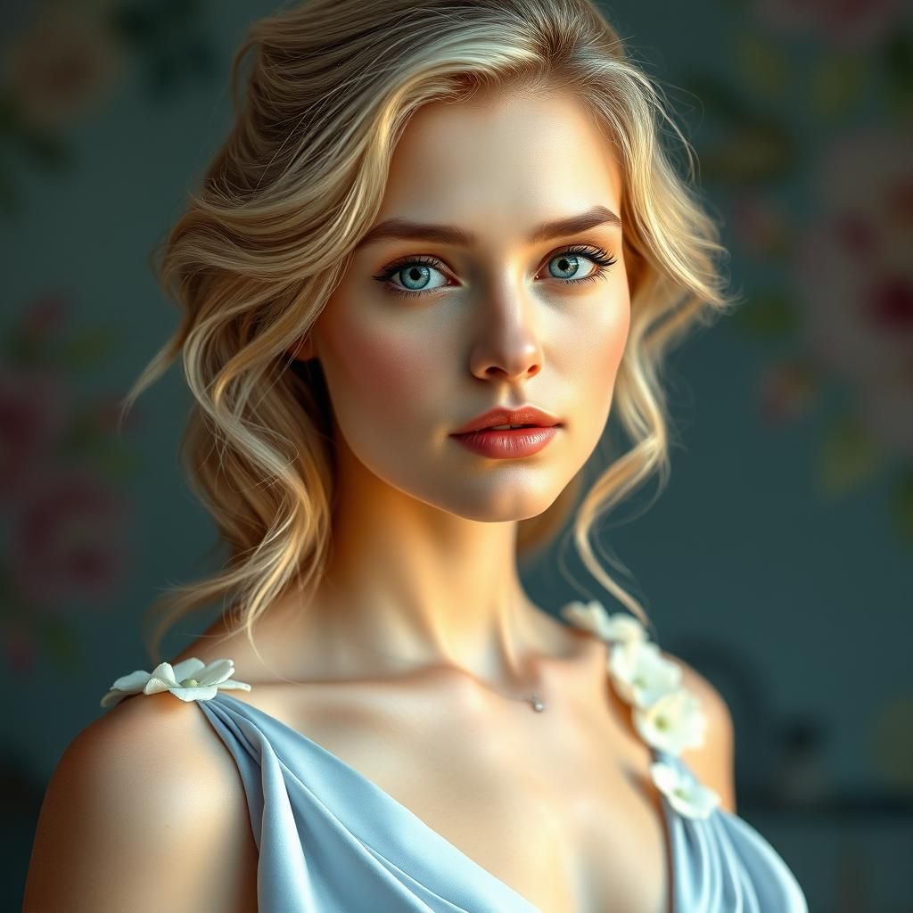 Elegant Woman in Light Blue Gown Radiates Timeless Beauty