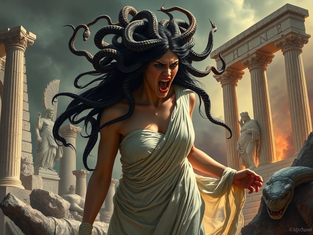 Medusa's Tormented Gaze in Athena's Ruins