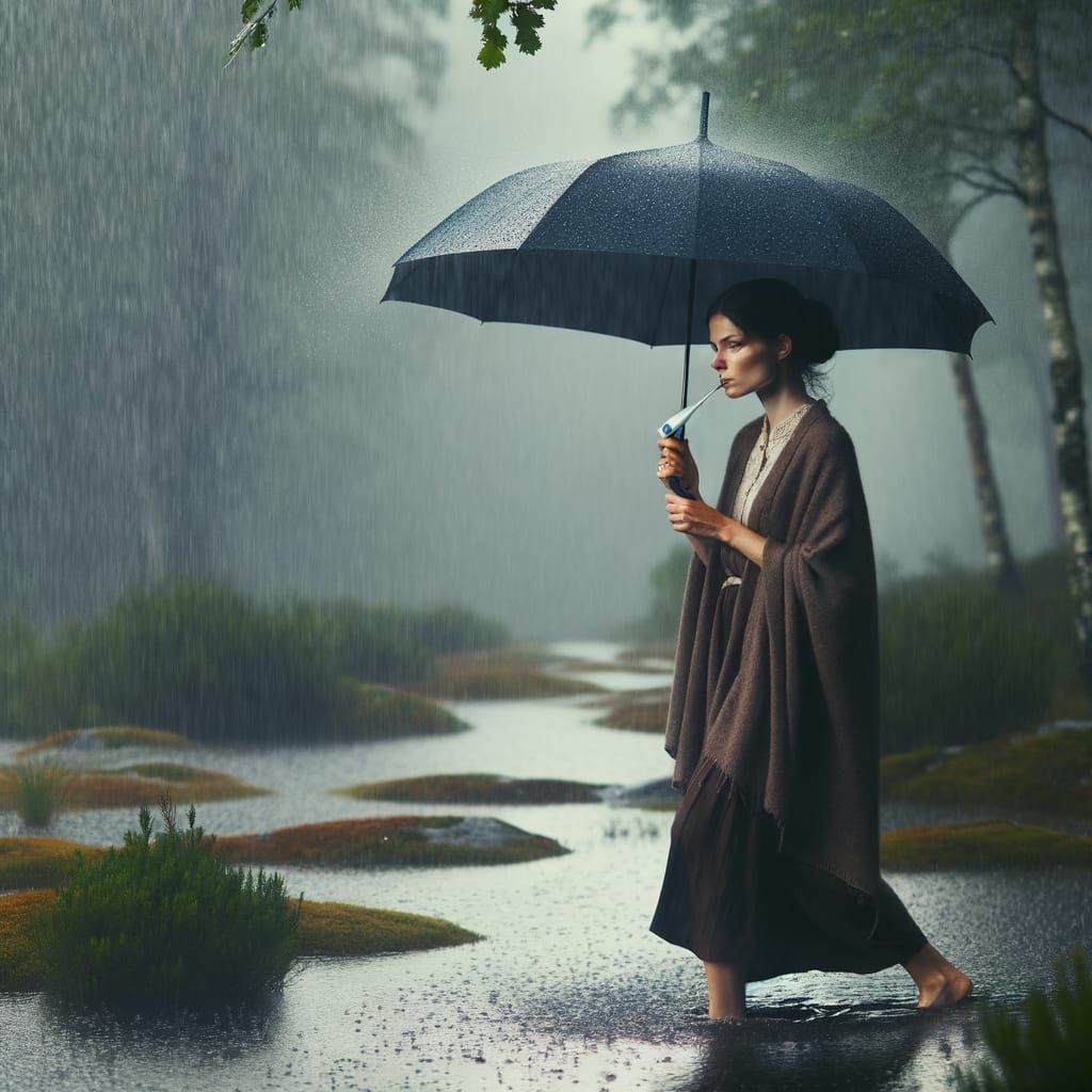 Woman Under the Umbrella Checks Temperature in Rainstorm