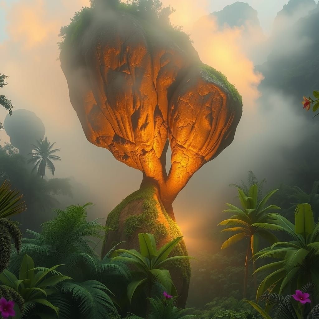Mystical Golden Rock Formation in a Vibrant Jungle Setting