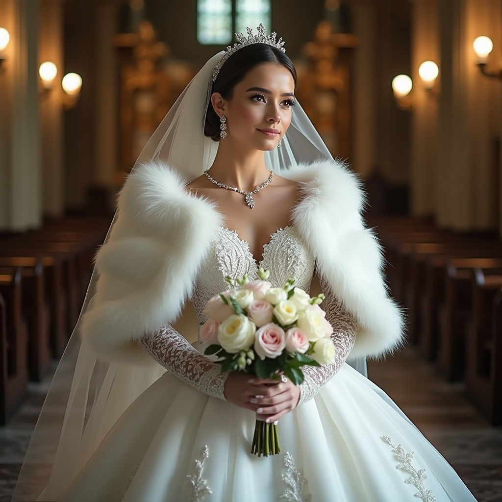Elegant Bride in Wedding Veil and Fur Cape