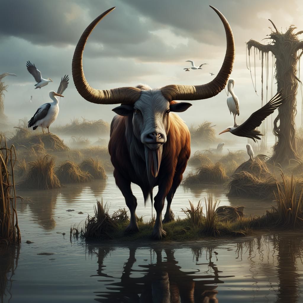 Fantastical Bull Confronts Pelican in Swampy Realism