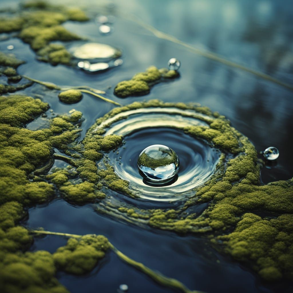 Surreal Oil Painting of Water Droplet in Pond with Impasto T...